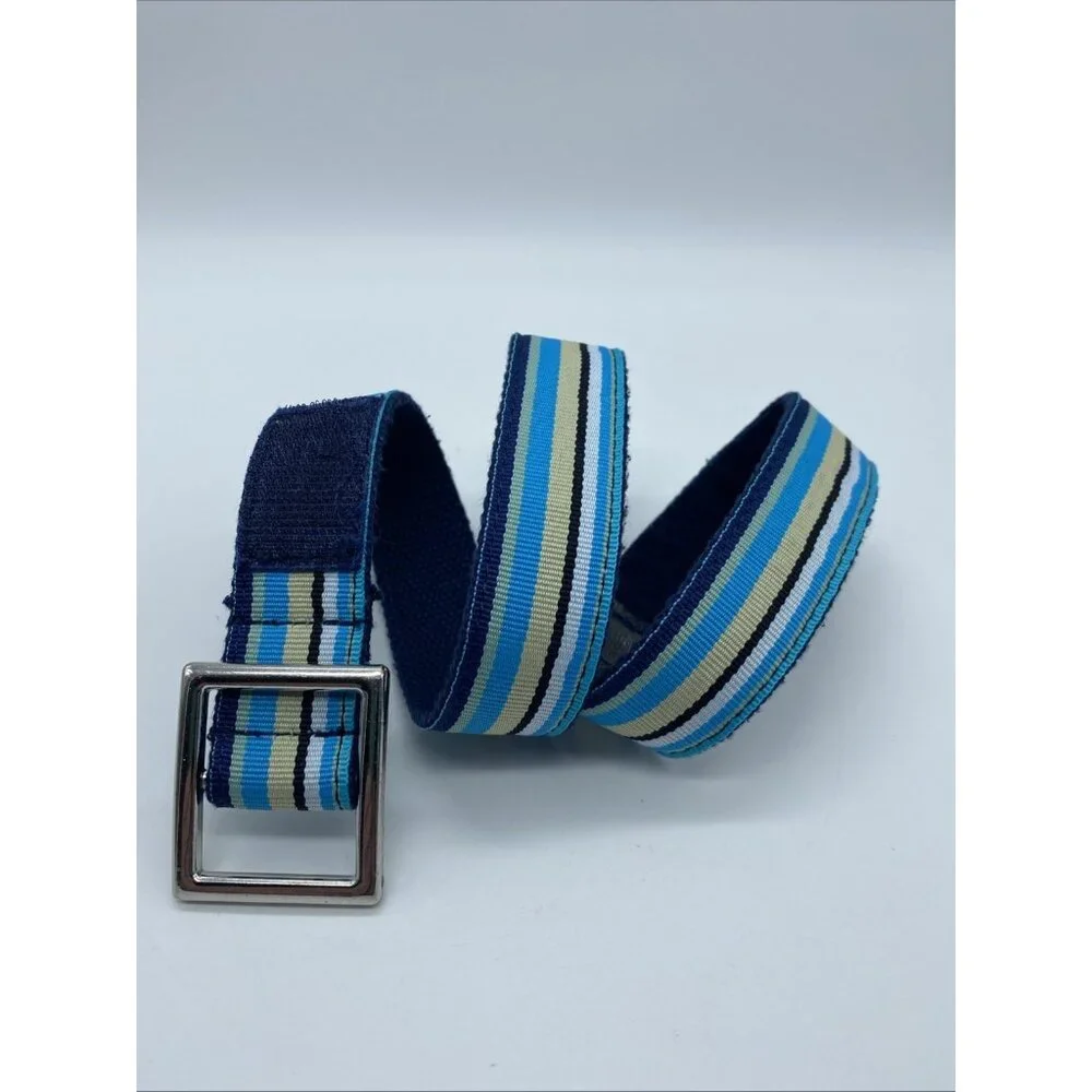 Baby Beltz Blue Beige Black Striped Belt Kids Size L Hook Loop Fastener